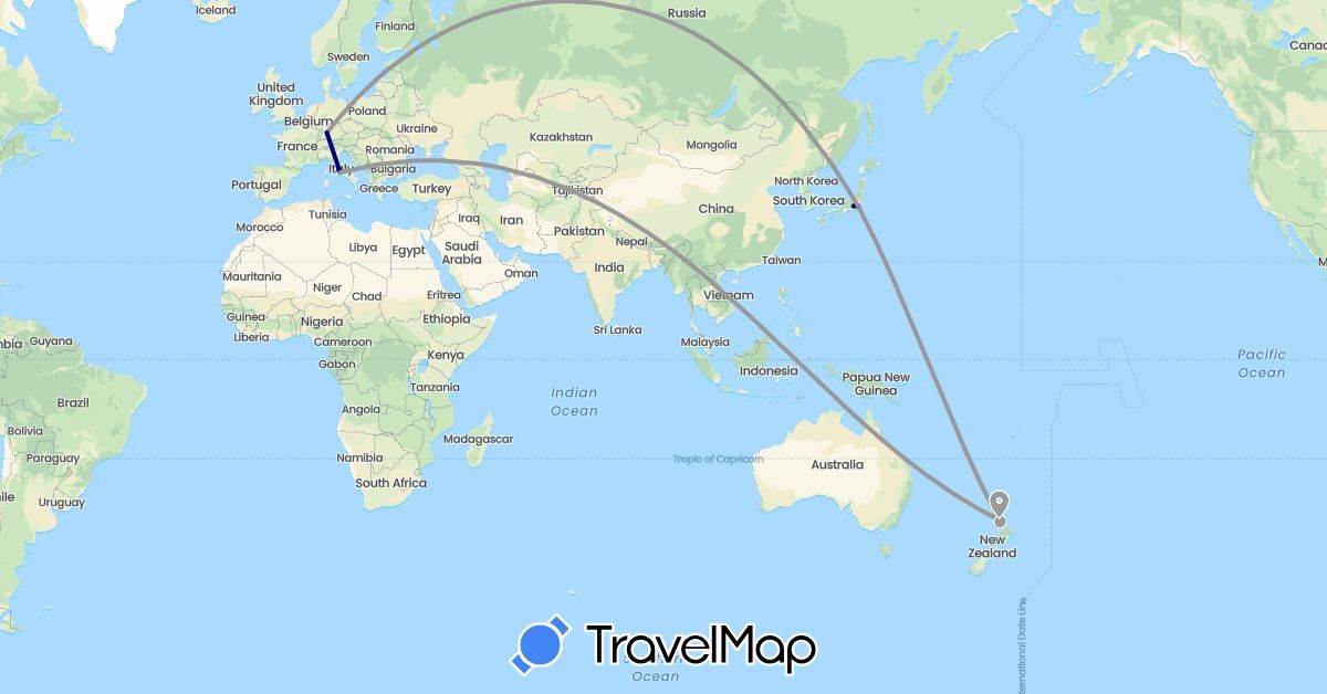 TravelMap itinerary: driving, plane in Germany, Italy, Japan, New Zealand (Asia, Europe, Oceania)